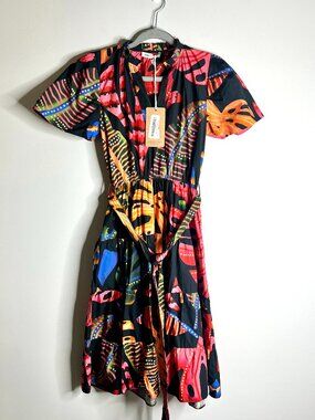 Maude Vivante Tropical Leaf Print Tiered Midi Dress Colorful Boho Sz XS NWT